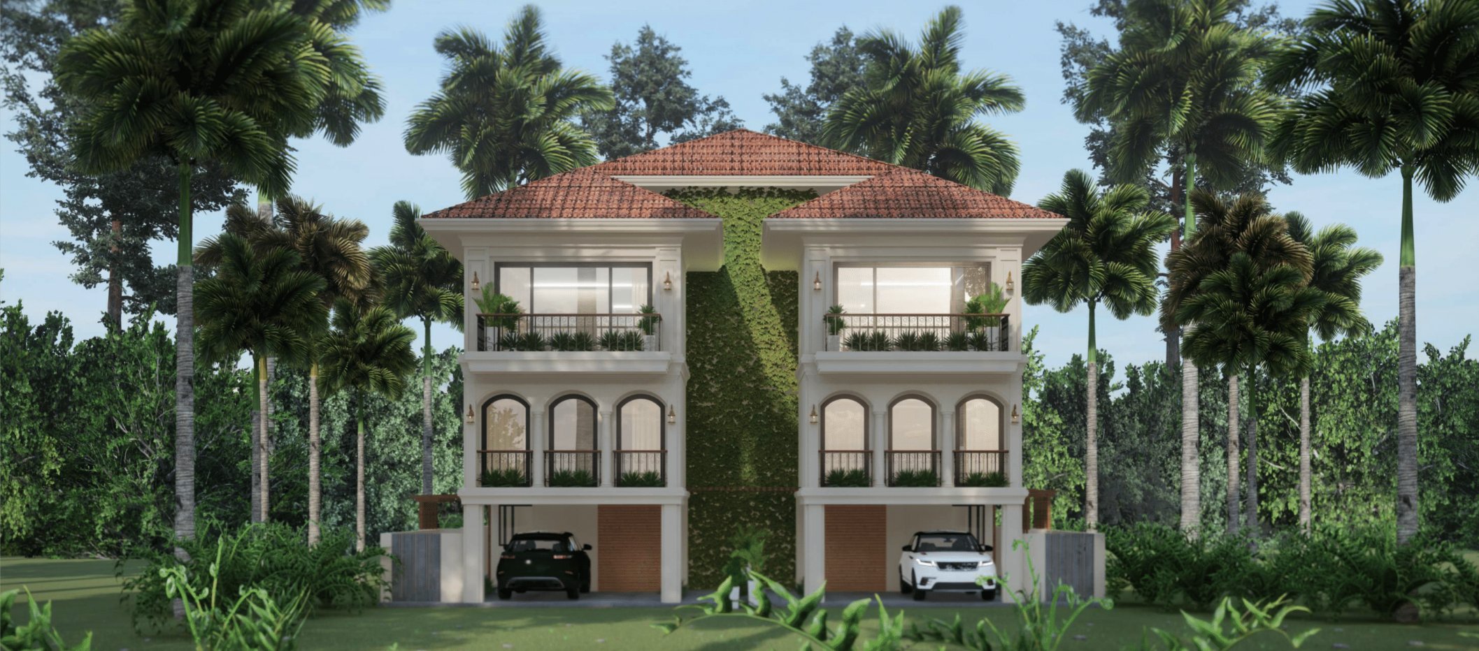 Villas 4 to 8 at Origin, Assagao — paired elevations with a green ivy wall between them