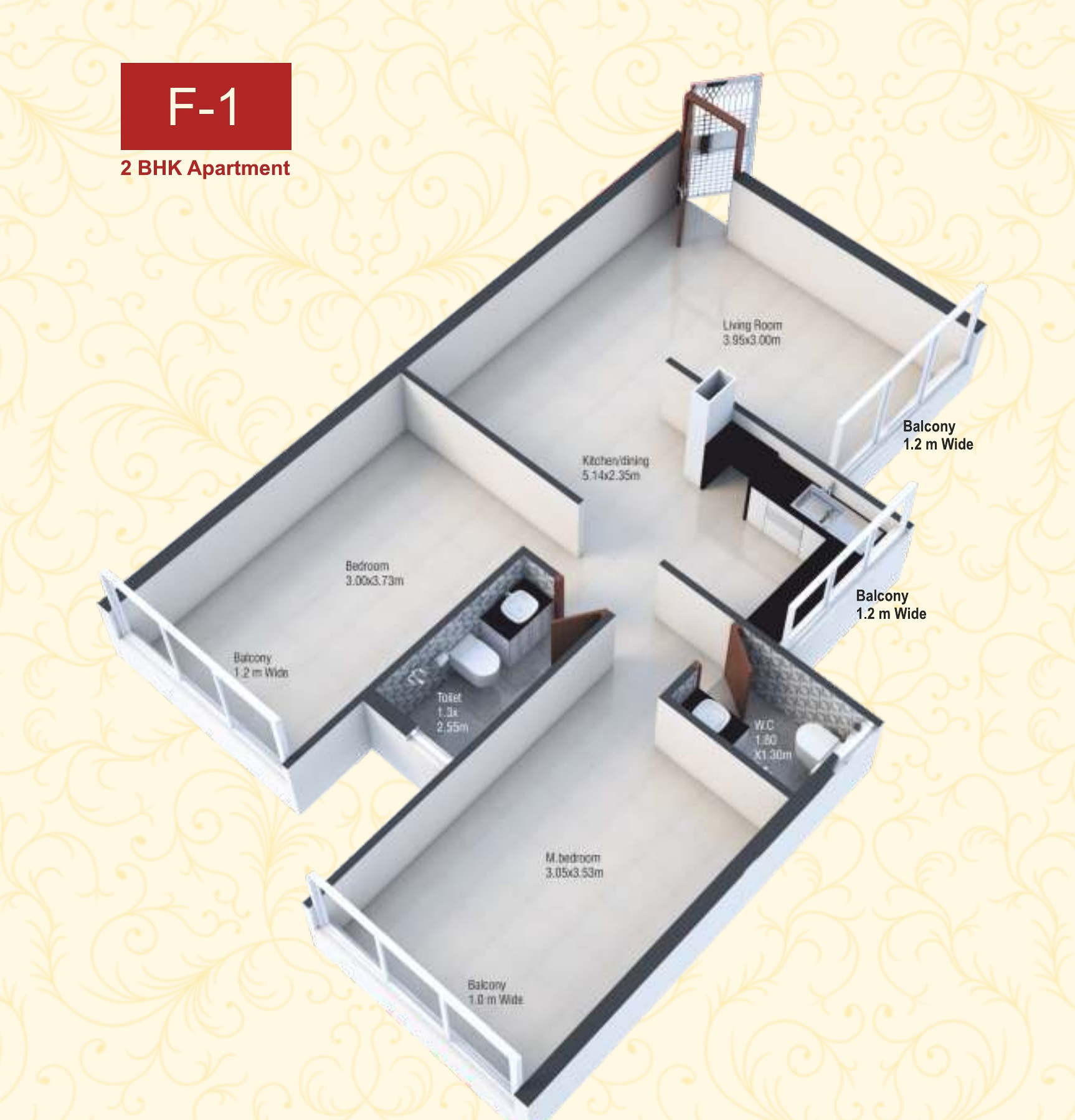 Fieldview, Socorro — F-1 two-bedroom apartment isometric floor plan