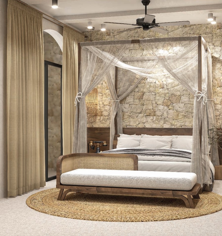 Morii, Salvador do Mundo — master bedroom suite with a canopy four-poster bed against a rough stone wall