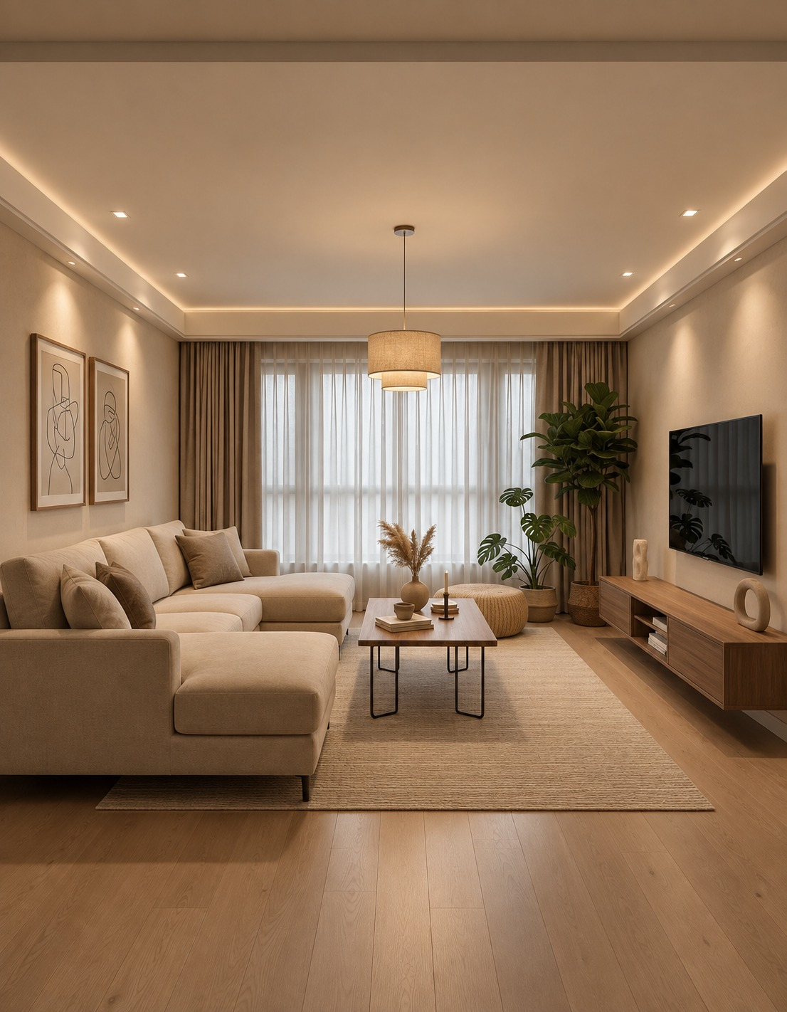 Reference image — warmly lit living room with timber finishes