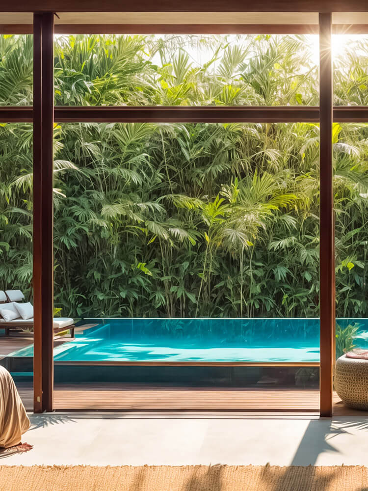 Amanta, Saligao — private pool framed by dense tropical planting and warm timber architecture