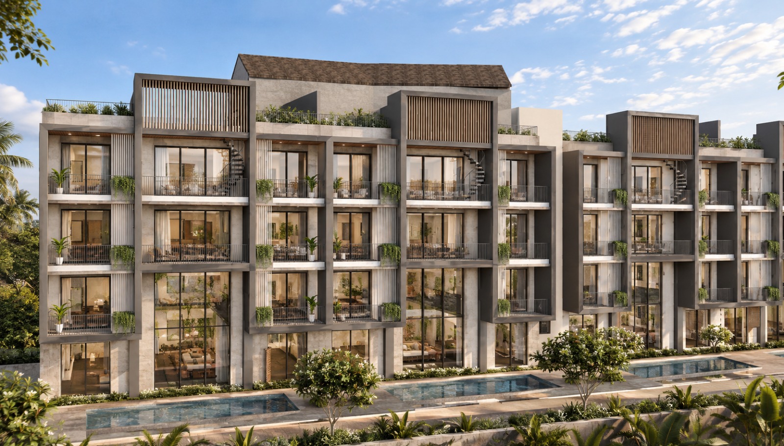 Reference image — contemporary residences with private pools and landscaped gardens