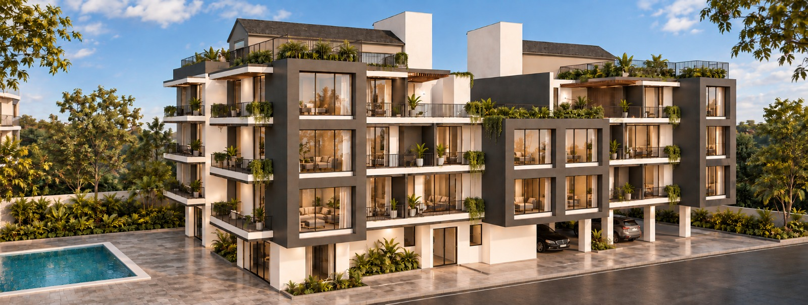 Reference image — perspective of landscaped low-rise residences and pool