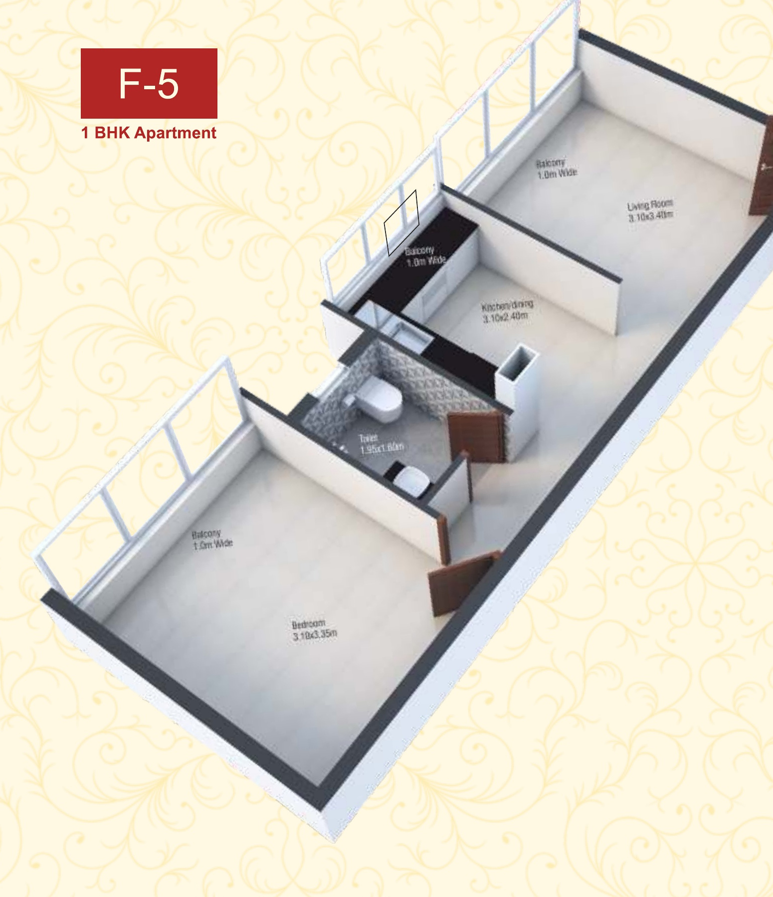 Fieldview, Socorro — F-5 one-bedroom apartment isometric floor plan