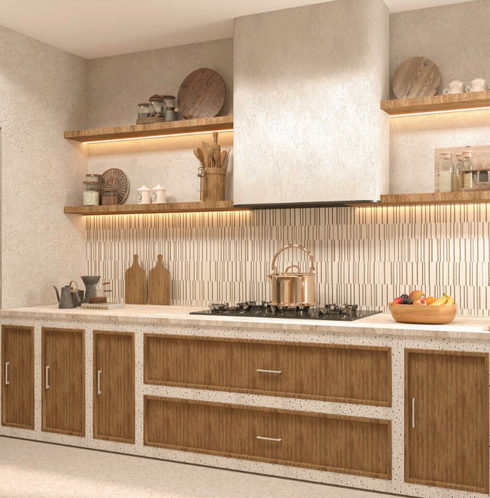 Morii, Salvador do Mundo — kitchen in organic timber with terrazzo counters and open shelving