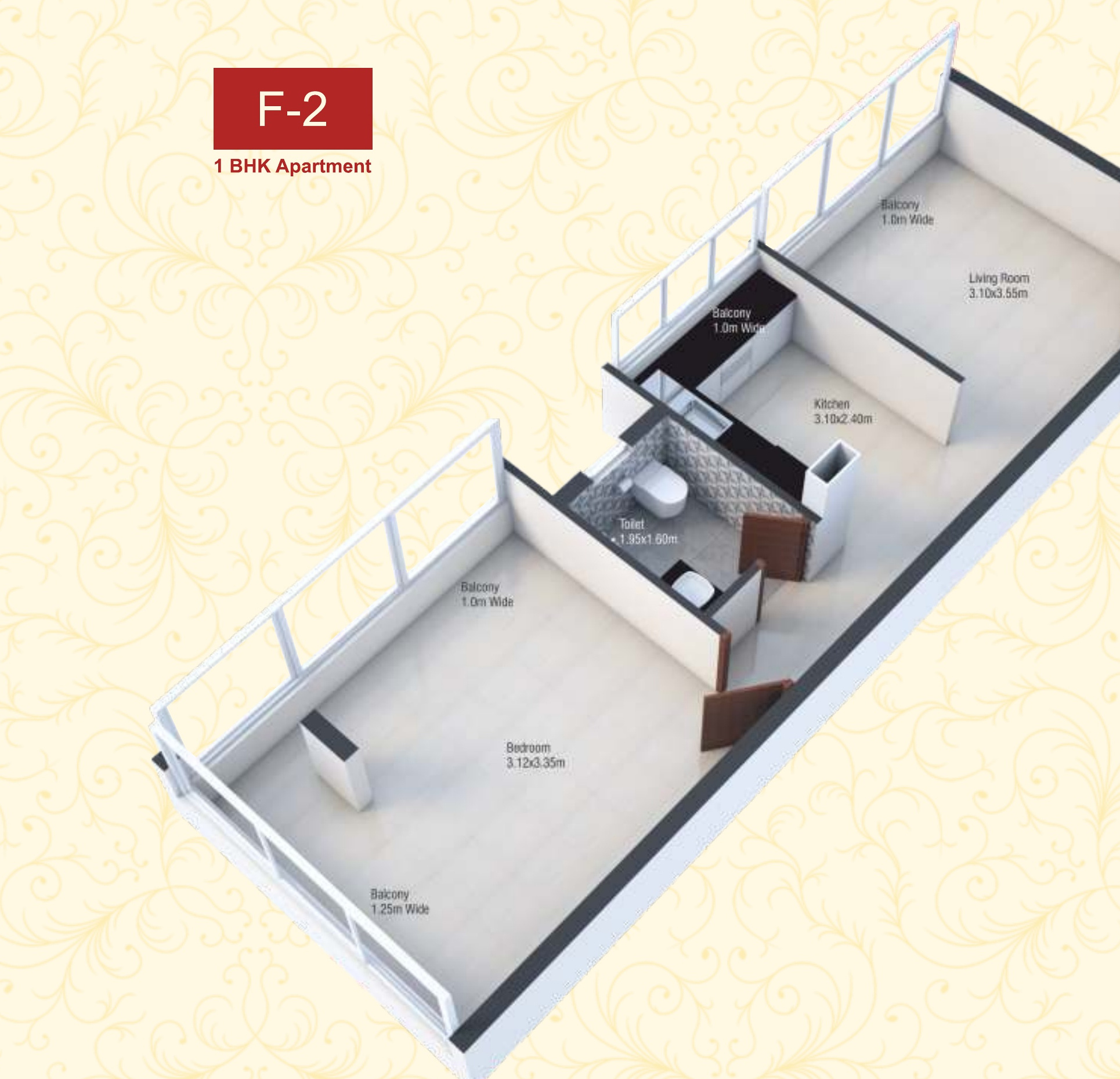Fieldview, Socorro — F-2 one-bedroom apartment isometric floor plan