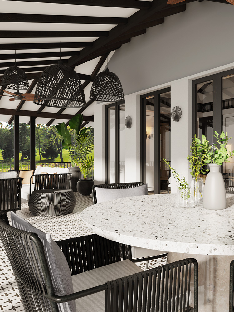 A Cappella, Siolim — sheltered verandah dining area opening to tropical planting