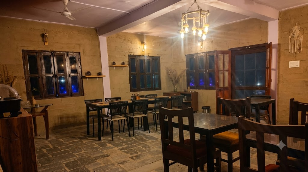 Warm rustic dining hall with stone floors at Oorja Eco Retreat