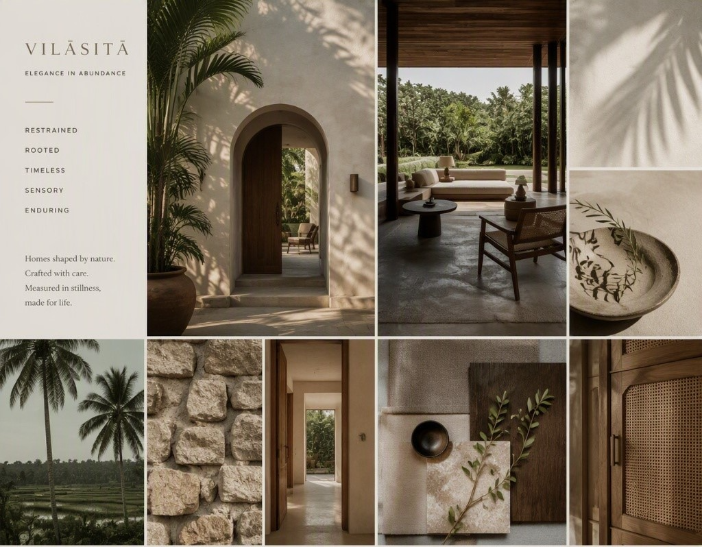 Vilāsitā — elegance in abundance: an architectural moodboard of shaded arches, tropical greenery, natural stone, and crafted timber