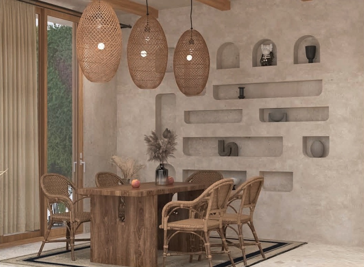 Morii, Salvador do Mundo — dining room with woven pendant lamps, timber table and sculpted niche shelving