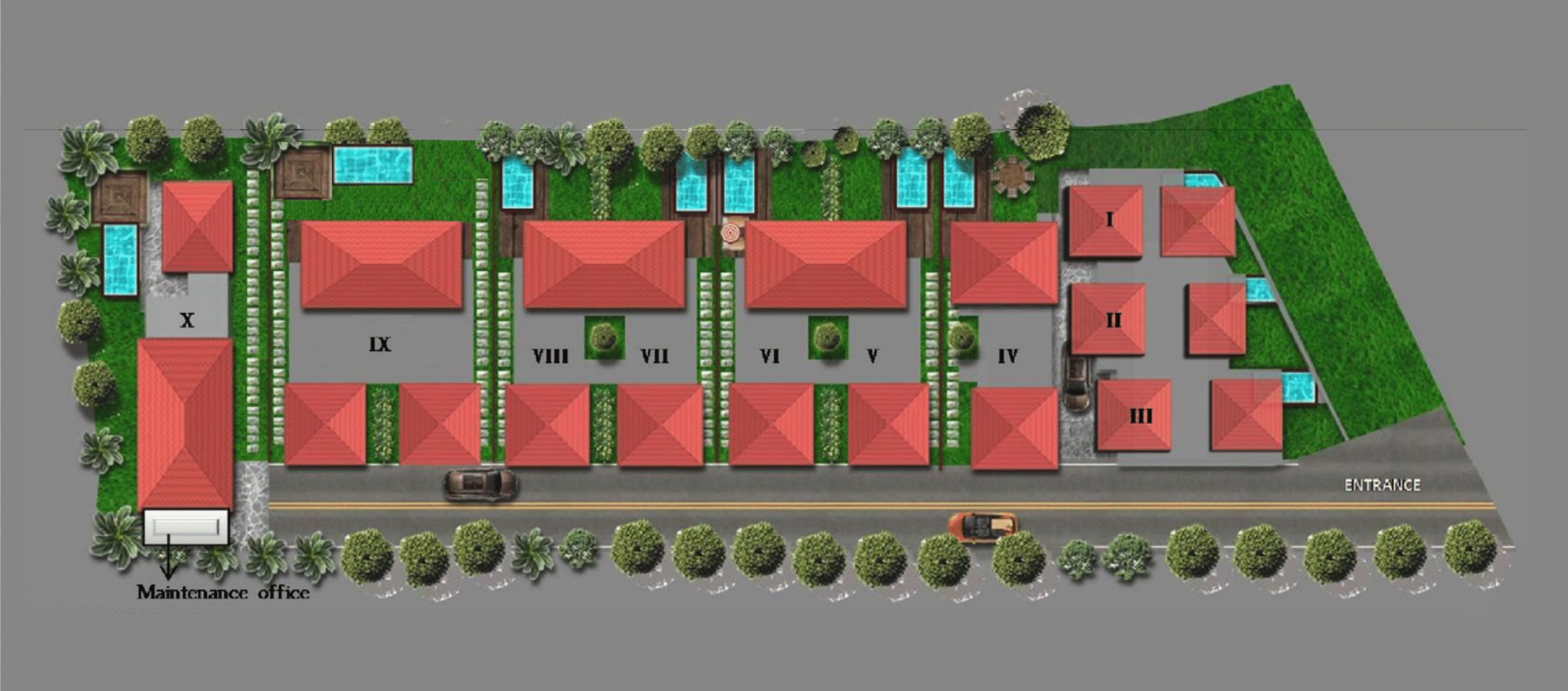 Origin, Assagao — site plan of the ten-villa gated community with private pools and maintenance office