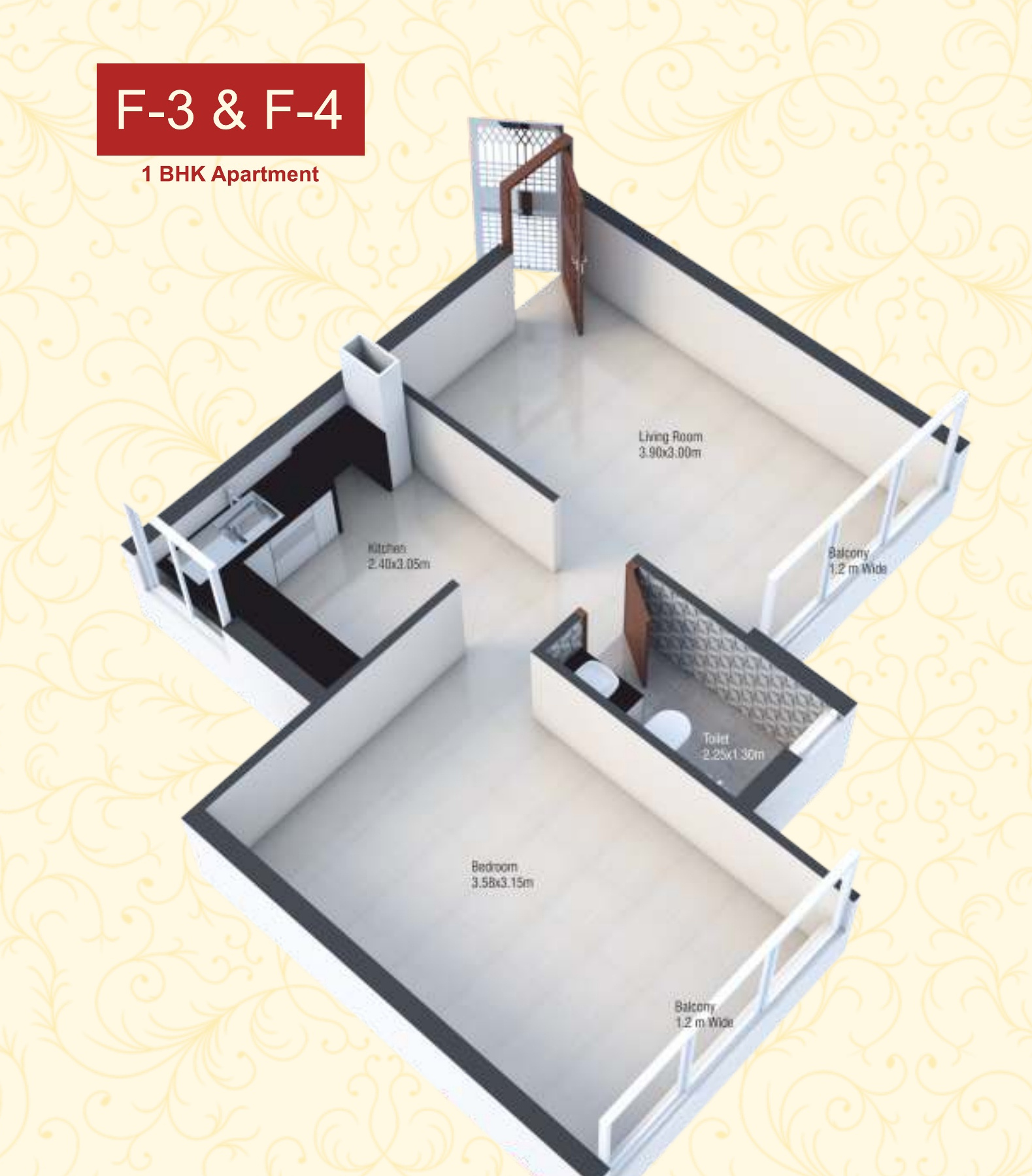 Fieldview, Socorro — F-3 and F-4 one-bedroom apartment isometric floor plan