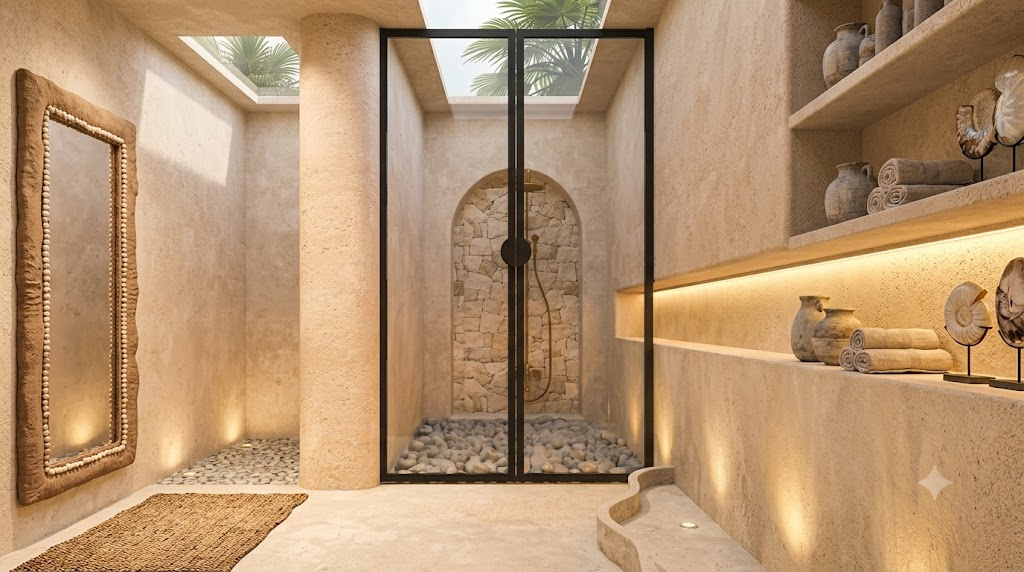 Morii, Salvador do Mundo — skylit bathroom with glass shower doors, pebble floor, textured stone walls and illuminated shelving