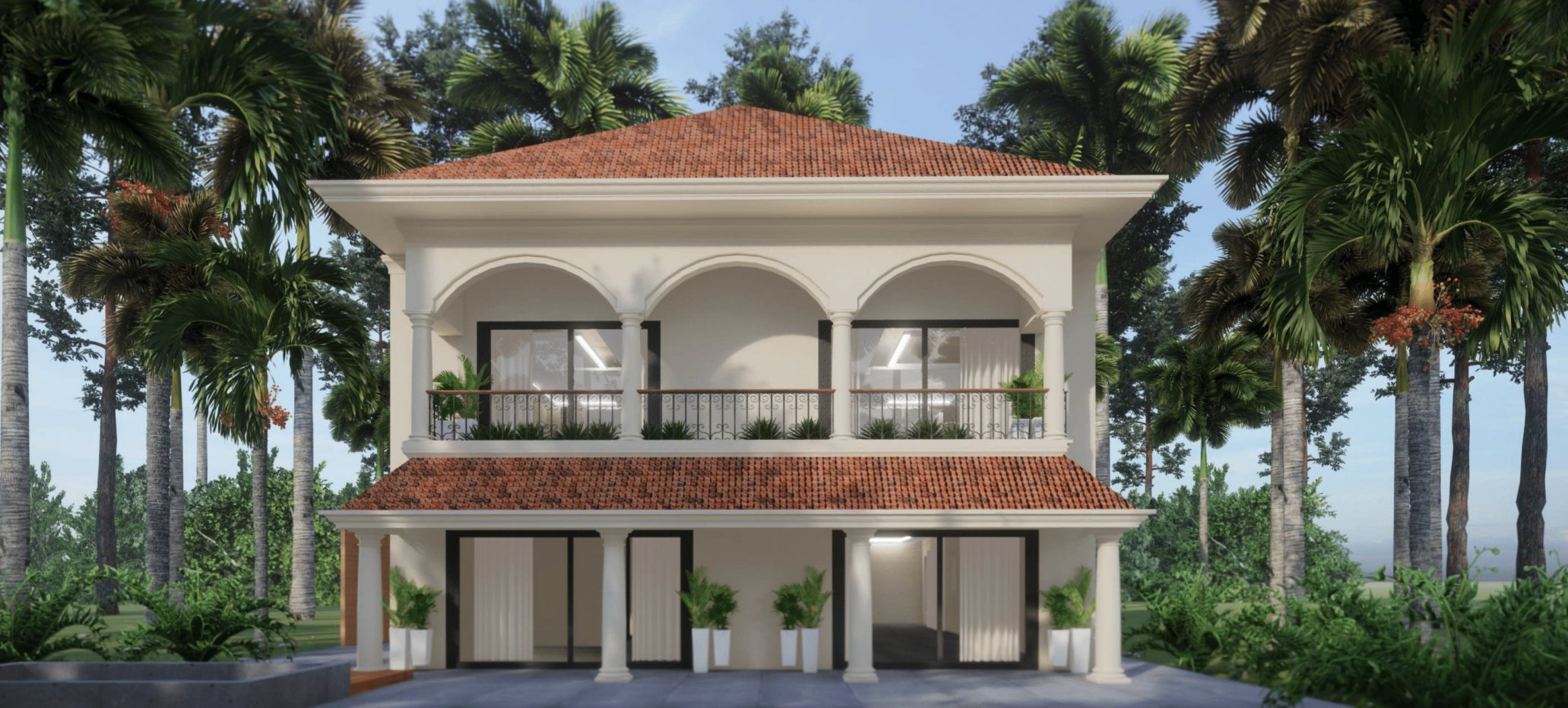 Villa 9 at Origin, Assagao — arched first-floor facade framed by areca palms