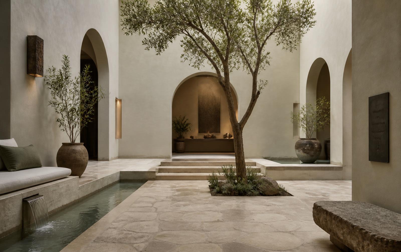A shaded courtyard with a single tree and still water